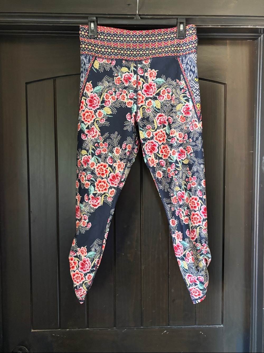 Johnny Was Navy Leggings with Pink Rose Floral Print